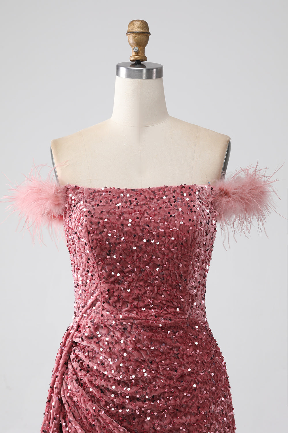 Mermaid Off the Shoulder Blush Sequins Ball Dress with Slit