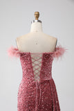 Mermaid Off the Shoulder Blush Sequins Ball Dress with Slit