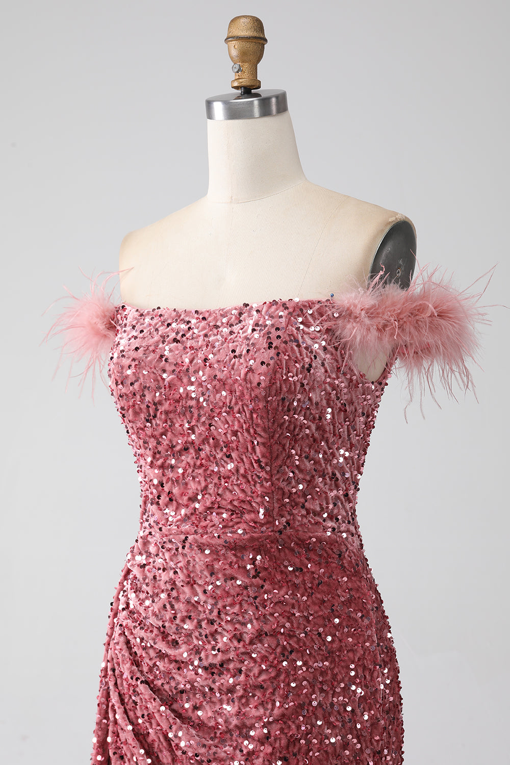 Mermaid Off the Shoulder Blush Sequins Ball Dress with Slit