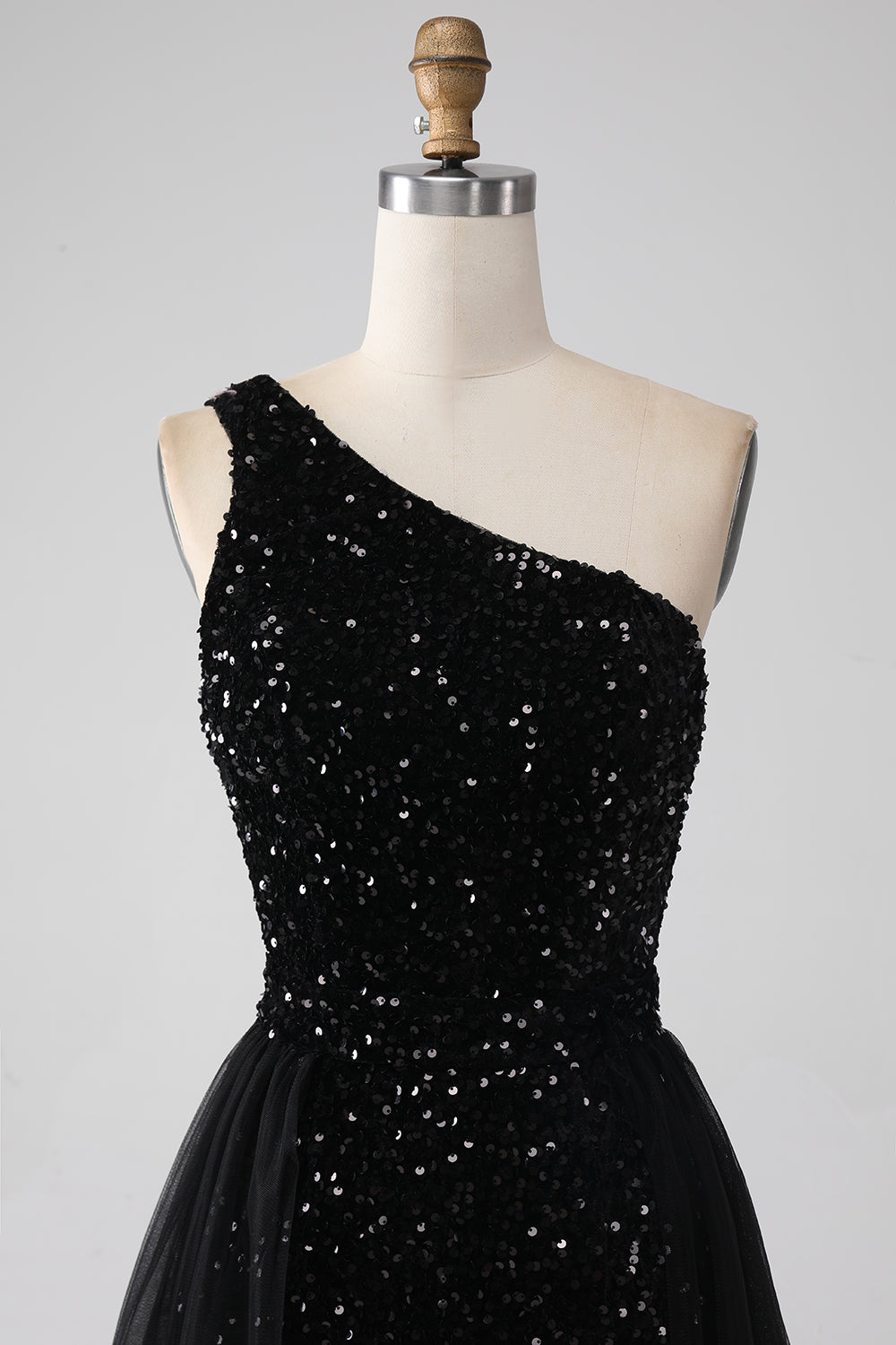 A-Line Black One Shoulder Sequins Long Ball Dress