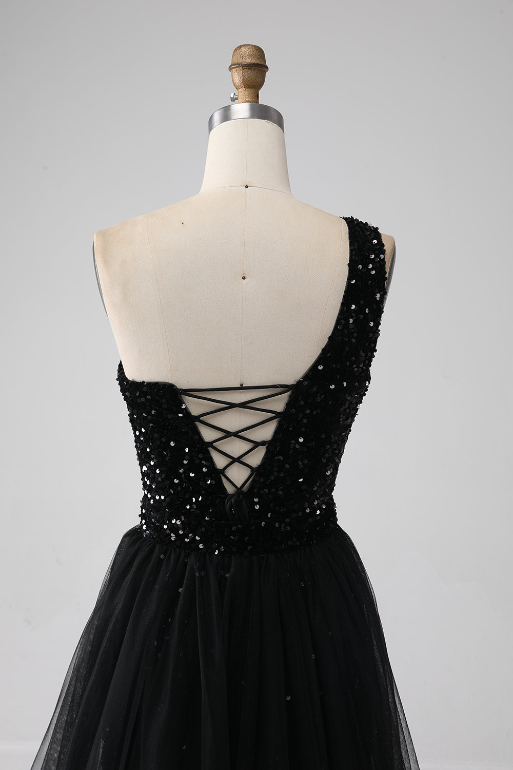 A-Line Black One Shoulder Sequins Long Ball Dress