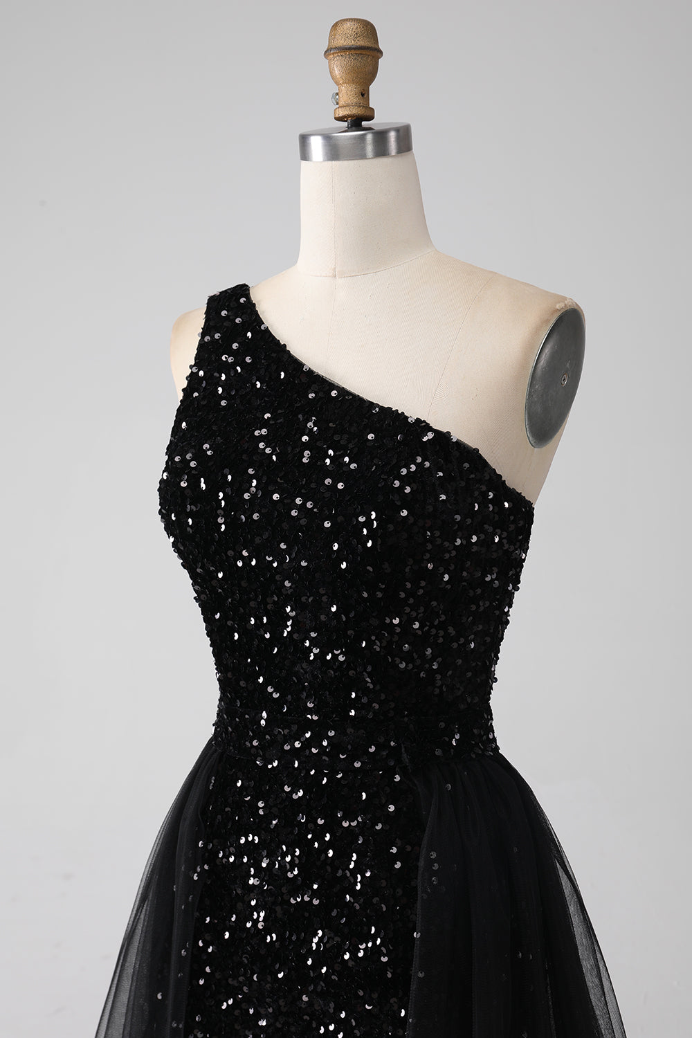 A-Line Black One Shoulder Sequins Long Ball Dress