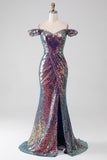 Sparkly Mermaid Off The Shoulder Purple Sequins Ball Dress with Slit