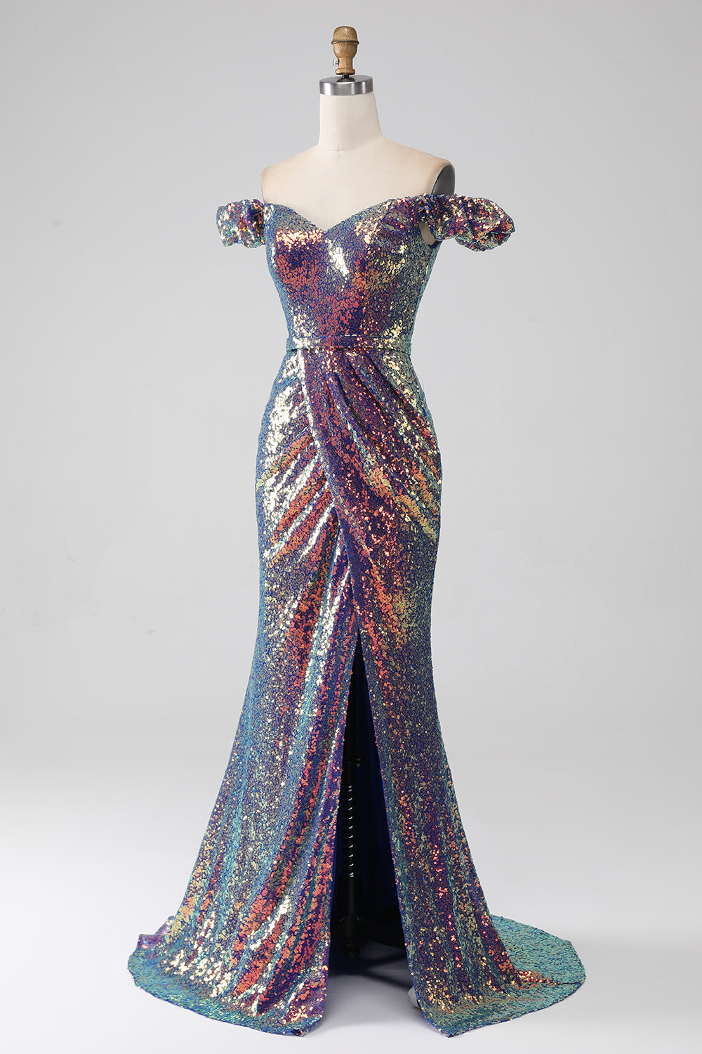 Sparkly Mermaid Off The Shoulder Purple Sequins Ball Dress with Slit