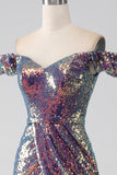 Sparkly Mermaid Off The Shoulder Purple Sequins Ball Dress with Slit