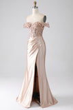 Mermaid Champagne Off The Shoulder Corset Ball Dress With Slit