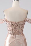 Mermaid Champagne Off The Shoulder Corset Ball Dress With Slit