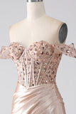 Mermaid Champagne Off The Shoulder Corset Ball Dress With Slit