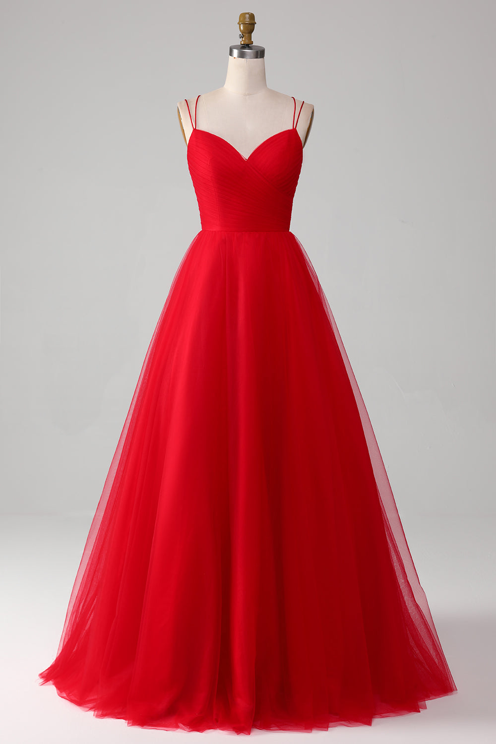 Red A-Line Spaghetti Straps Lace-Up Long Tulle Ball Dress
