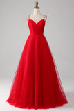 Red A-Line Spaghetti Straps Lace-Up Long Tulle Ball Dress