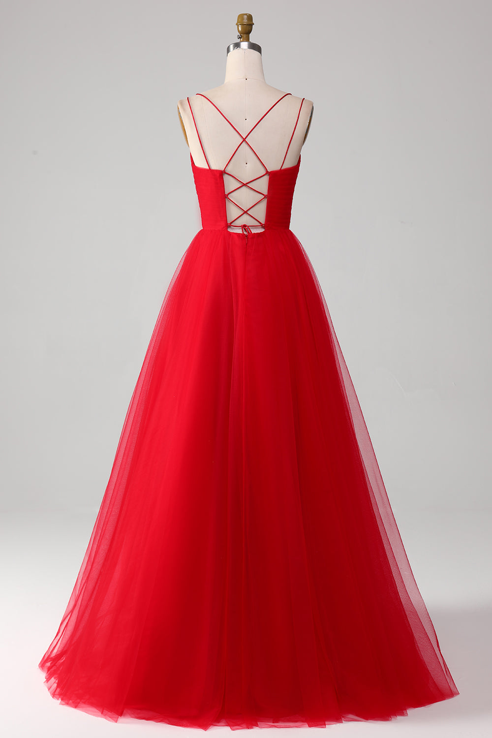Red A-Line Spaghetti Straps Lace-Up Long Tulle Ball Dress