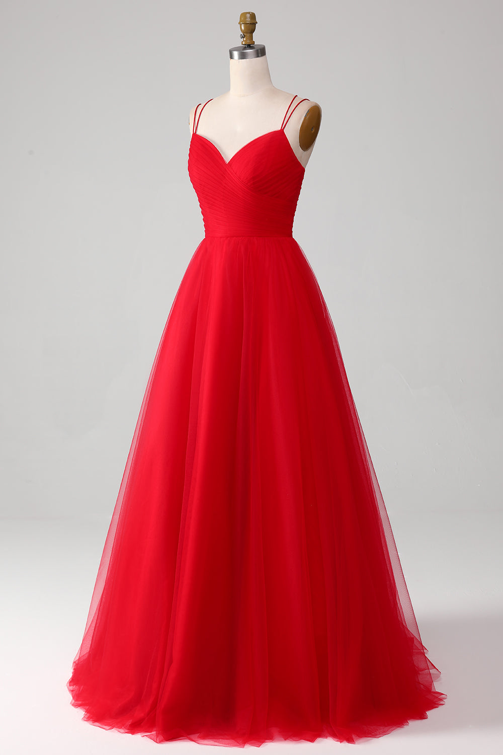 Red A-Line Spaghetti Straps Lace-Up Long Tulle Ball Dress