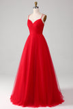 Red A-Line Spaghetti Straps Lace-Up Long Tulle Ball Dress