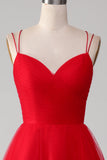 Red A-Line Spaghetti Straps Lace-Up Long Tulle Ball Dress