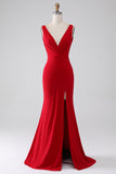 Mermaid V-Neck Red Backless Pleated Long Ball Dress with Slit