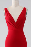 Mermaid V-Neck Red Backless Pleated Long Ball Dress with Slit