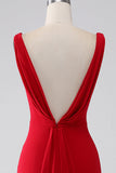 Mermaid V-Neck Red Backless Pleated Long Ball Dress with Slit