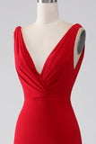Mermaid V-Neck Red Backless Pleated Long Ball Dress with Slit