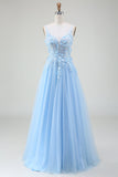 A-Line Light Blue Spaghetti Straps Sequin Ball Dress with Appliques
