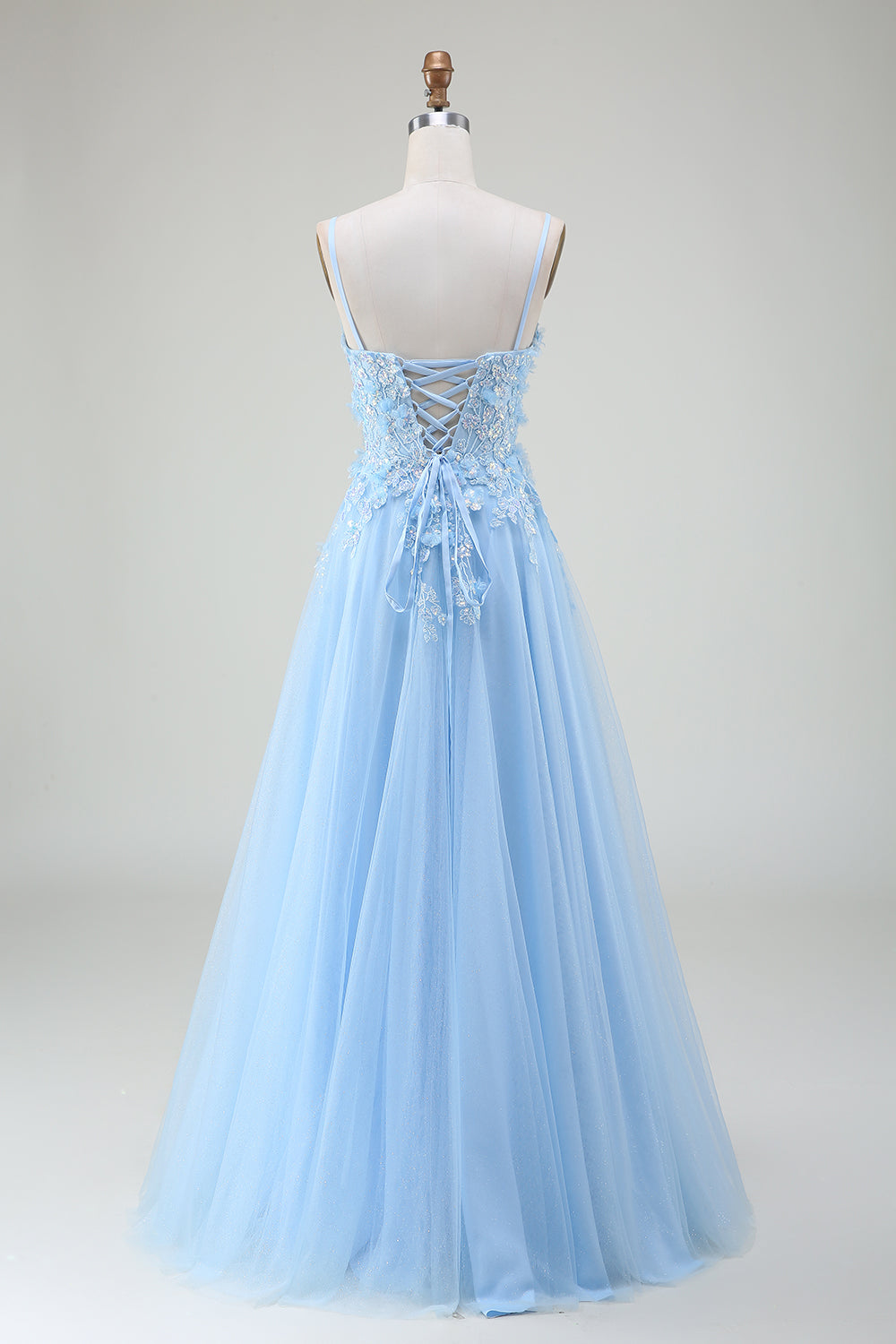 A-Line Light Blue Spaghetti Straps Sequin Ball Dress with Appliques