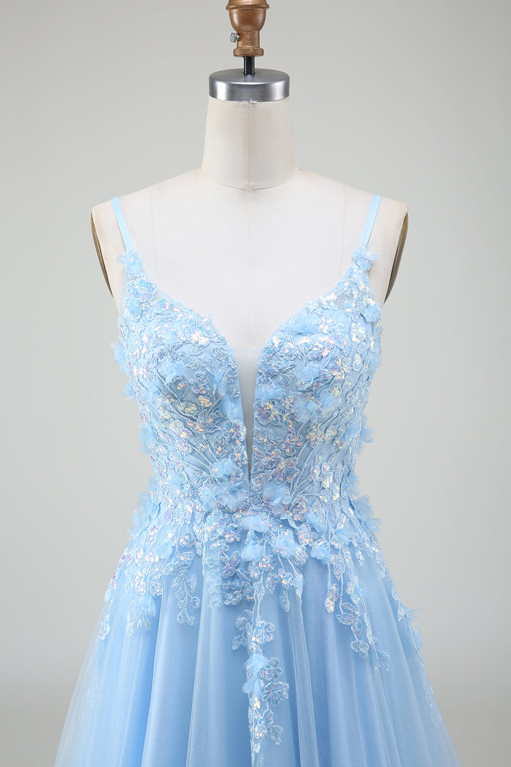 A-Line Light Blue Spaghetti Straps Sequin Ball Dress with Appliques