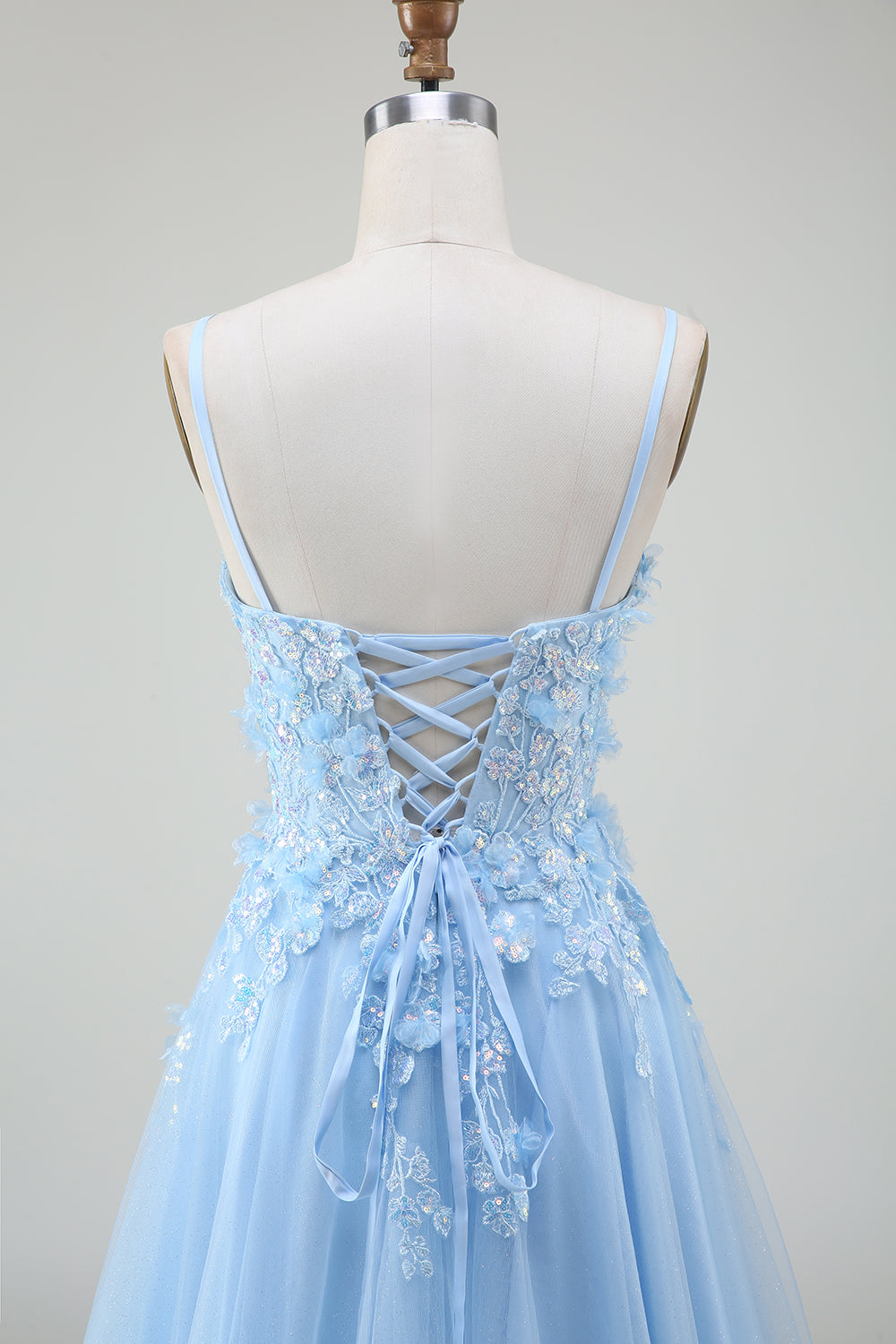 A-Line Light Blue Spaghetti Straps Sequin Ball Dress with Appliques