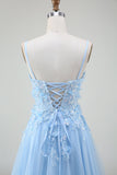 A-Line Light Blue Spaghetti Straps Sequin Ball Dress with Appliques