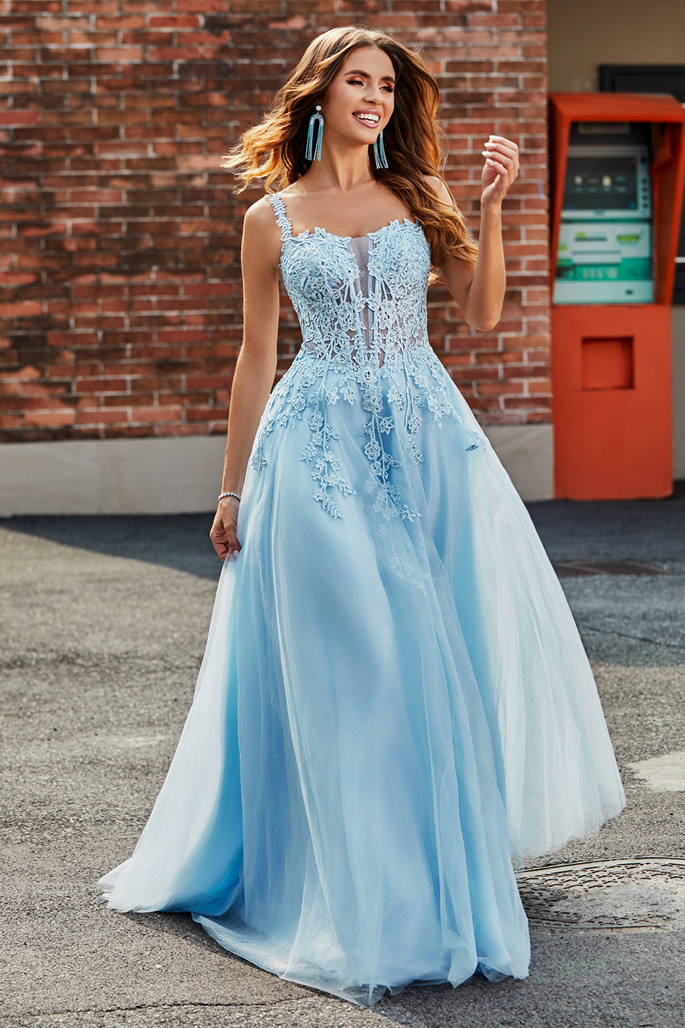 Gorgeous A Line Spaghetti Straps Light Blue Corset Ball Dress with Appliques