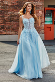 Gorgeous A Line Spaghetti Straps Light Blue Corset Ball Dress with Appliques