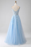 A-Line Light Blue Corset Ball Dress with Appliques