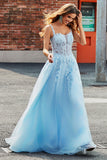 Gorgeous A Line Spaghetti Straps Light Blue Corset Ball Dress with Appliques