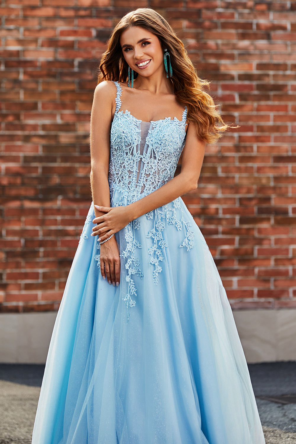 Gorgeous A Line Spaghetti Straps Light Blue Corset Ball Dress with Appliques