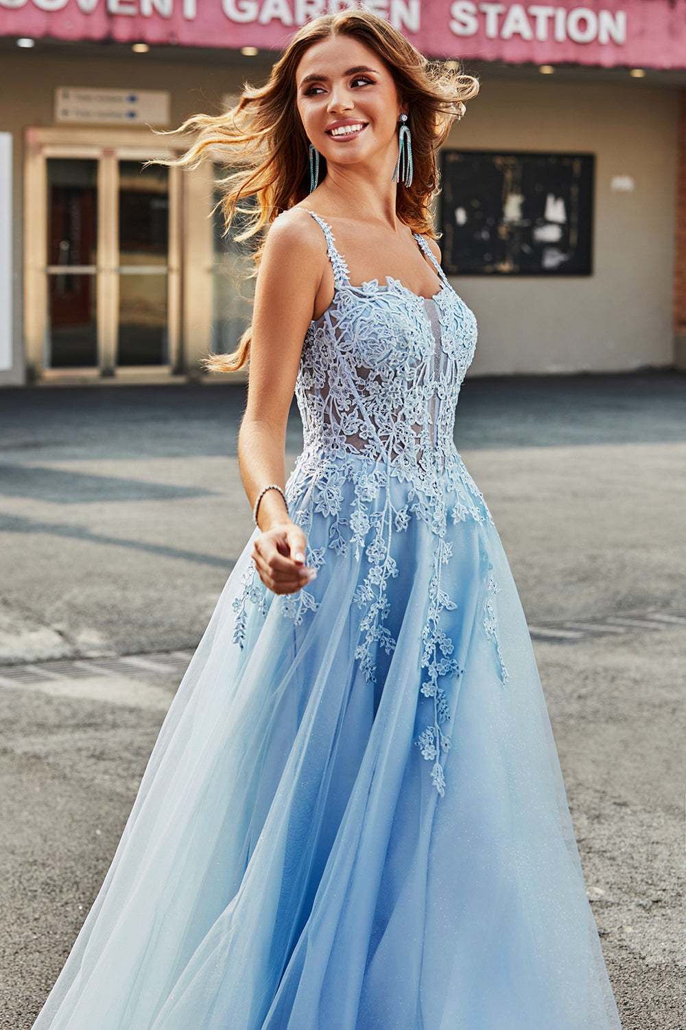 Gorgeous A Line Spaghetti Straps Light Blue Corset Ball Dress with Appliques