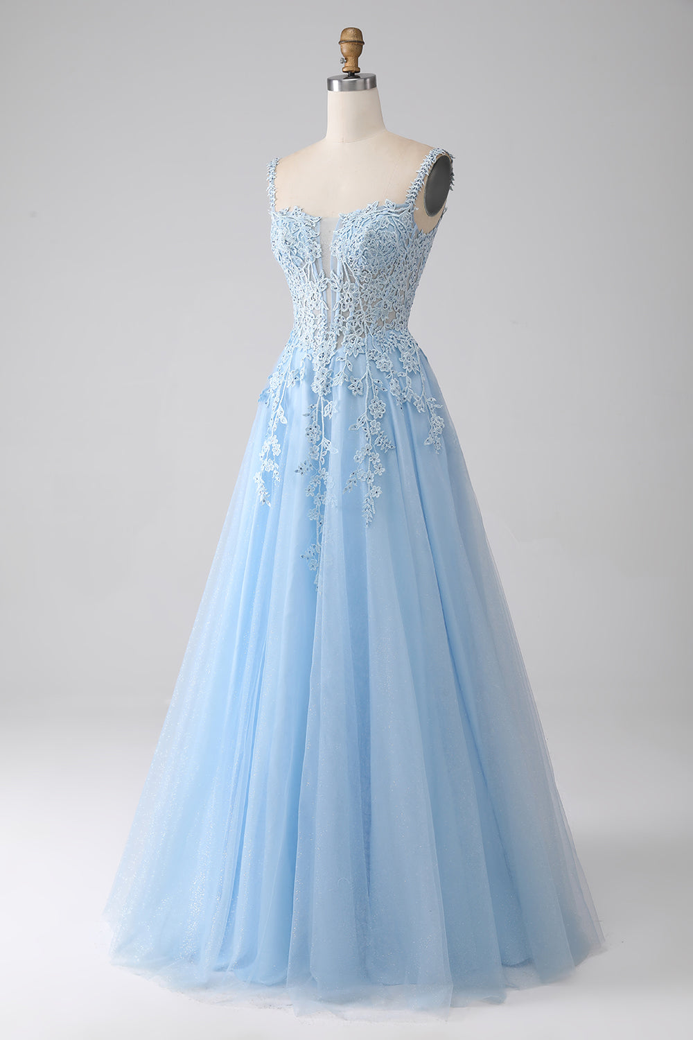 A-Line Light Blue Corset Ball Dress with Appliques
