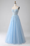 A-Line Light Blue Corset Ball Dress with Appliques