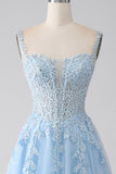A-Line Light Blue Corset Ball Dress with Appliques