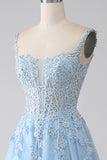 A-Line Light Blue Corset Ball Dress with Appliques