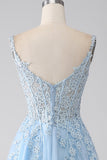 A-Line Light Blue Corset Ball Dress with Appliques