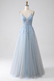 A-Line Spaghetti Straps Grey Blue Long Ball Dress with Beading