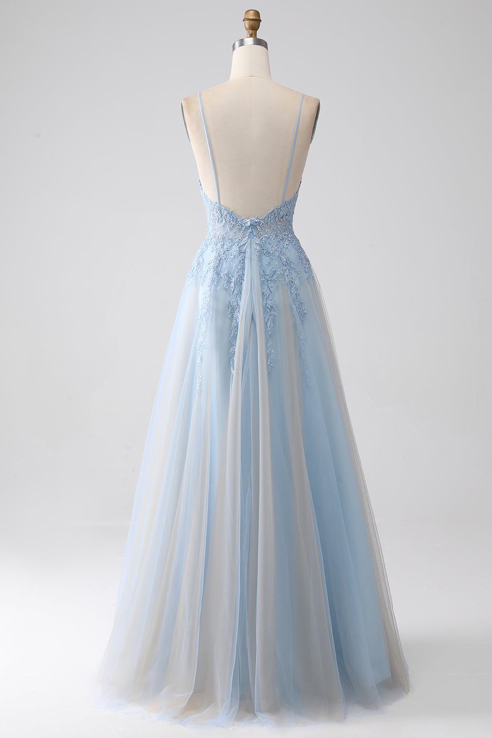 A-Line Spaghetti Straps Grey Blue Long Ball Dress with Beading