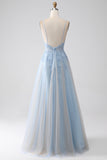 A-Line Spaghetti Straps Grey Blue Long Ball Dress with Beading