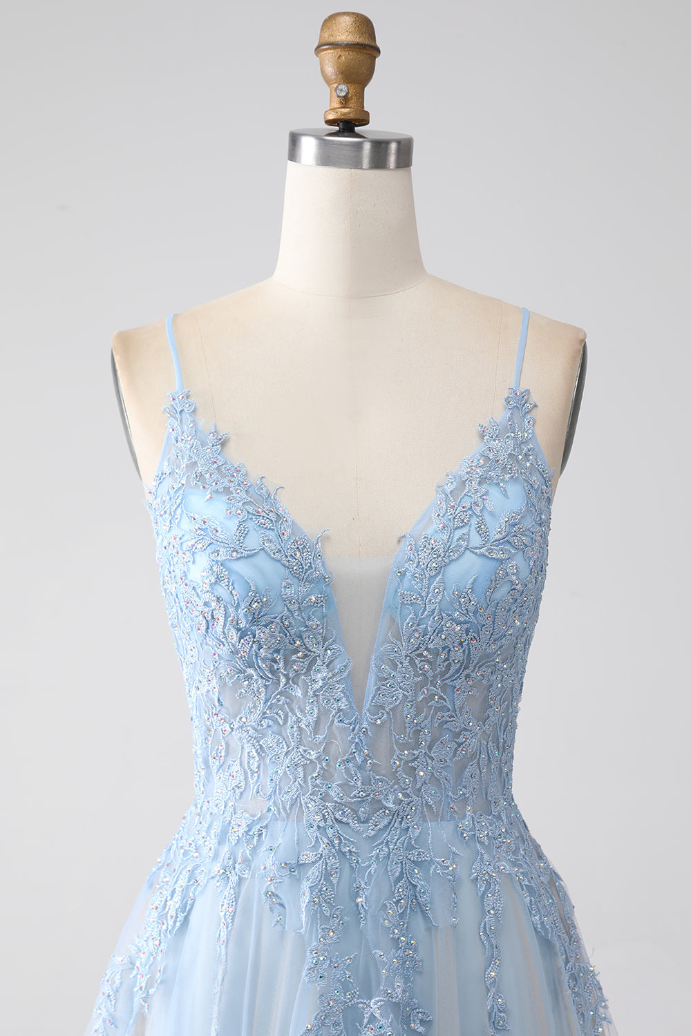A-Line Spaghetti Straps Grey Blue Long Ball Dress with Beading