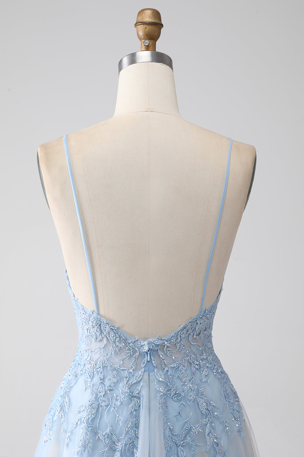 A-Line Spaghetti Straps Grey Blue Long Ball Dress with Beading