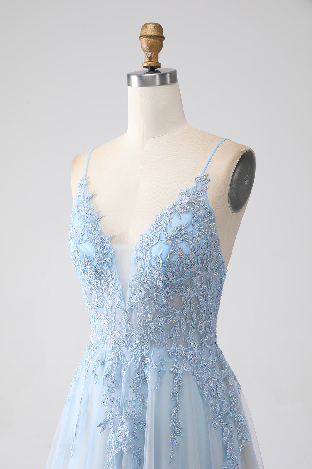 A-Line Spaghetti Straps Grey Blue Long Ball Dress with Beading