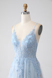 A-Line Spaghetti Straps Grey Blue Long Ball Dress with Beading