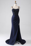 Mermaid Spaghetti Straps Beaded Navy Ball Dress with Ruffles
