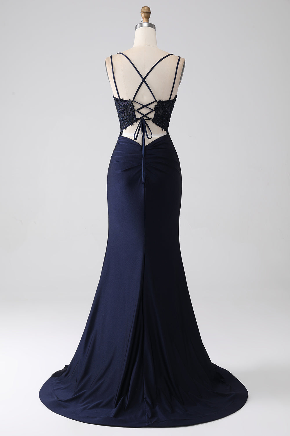 Mermaid Spaghetti Straps Beaded Navy Ball Dress with Ruffles
