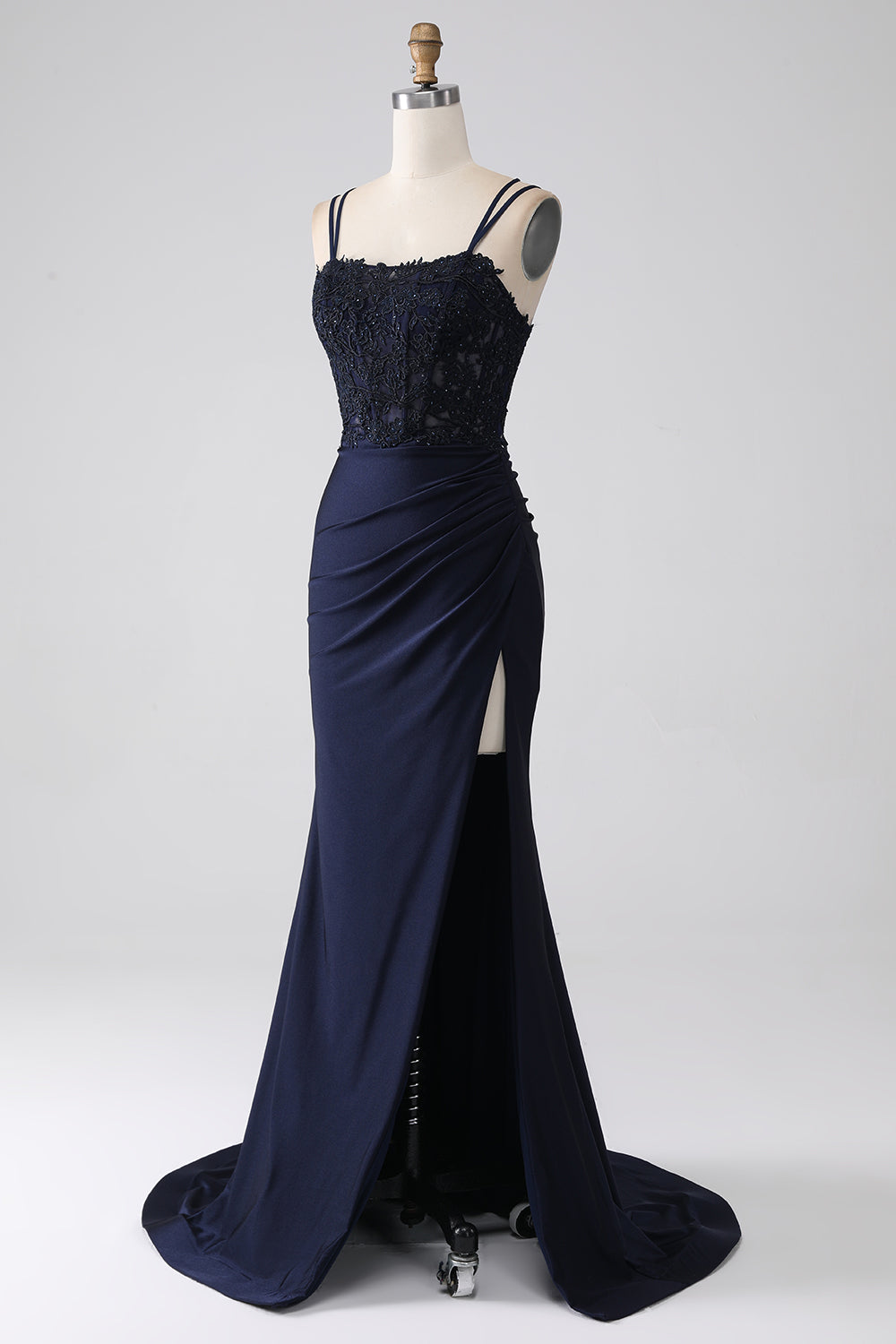 Mermaid Spaghetti Straps Beaded Navy Ball Dress with Ruffles