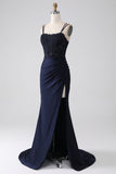 Mermaid Spaghetti Straps Beaded Navy Ball Dress with Ruffles