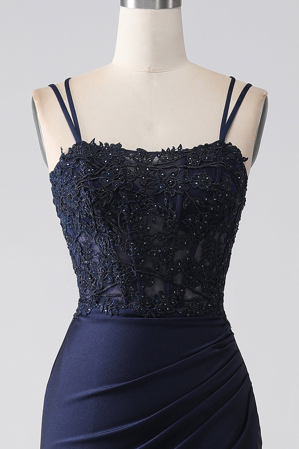 Mermaid Spaghetti Straps Beaded Navy Ball Dress with Ruffles